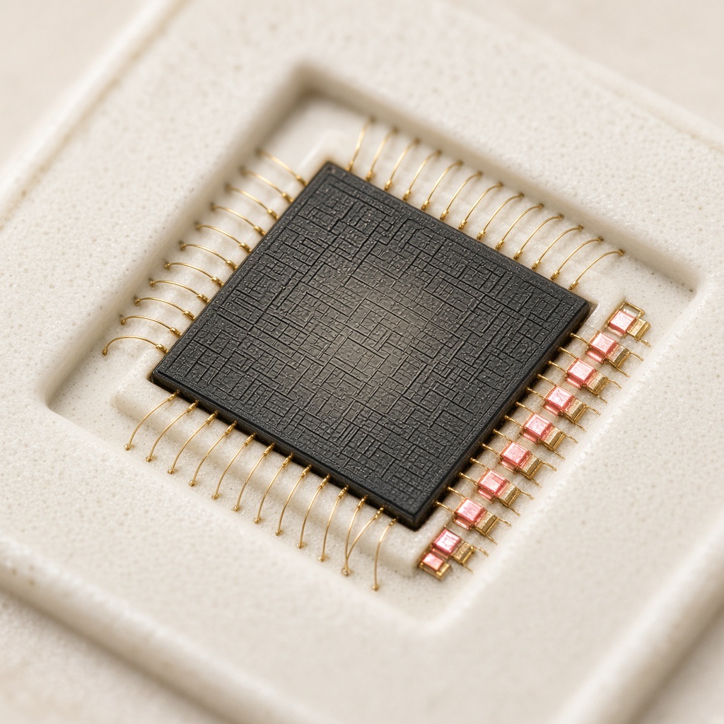 Macro of a secure-element chip under warm studio light
