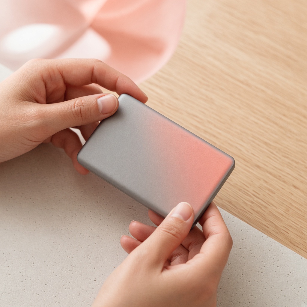 Hands holding a titanium hardware wallet over a light wooden table